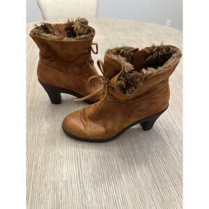 Aerosoles Brown Faux Leather Ankle Boots Faux Fur Lined Lace Up Zip Heel Booties